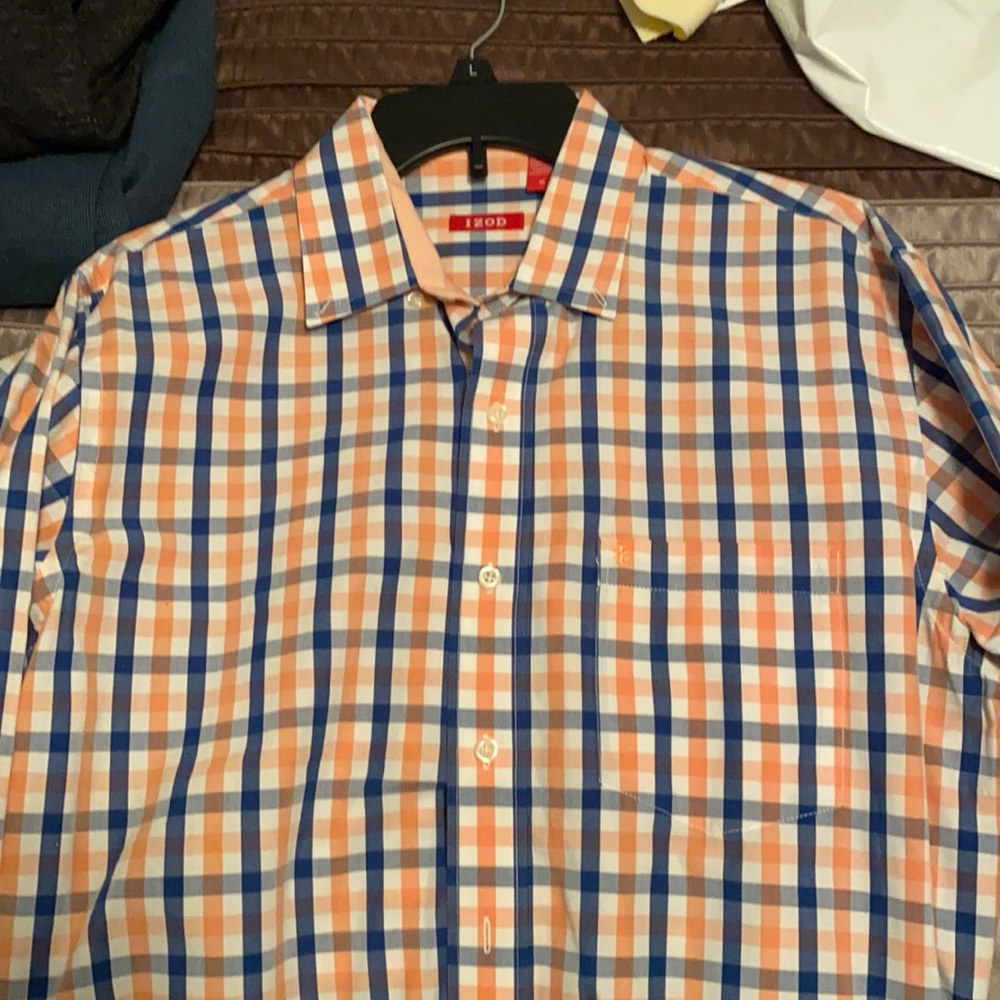Izod men’s button down in orange, blue and white.